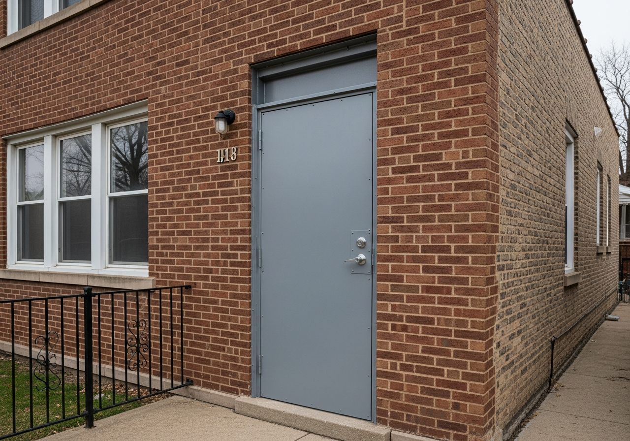 Steel security door installed on a vacant Chicago brick building
