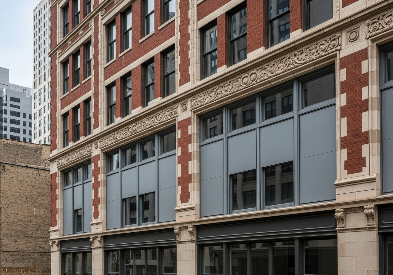 Steel security window panels installed on a vacant building